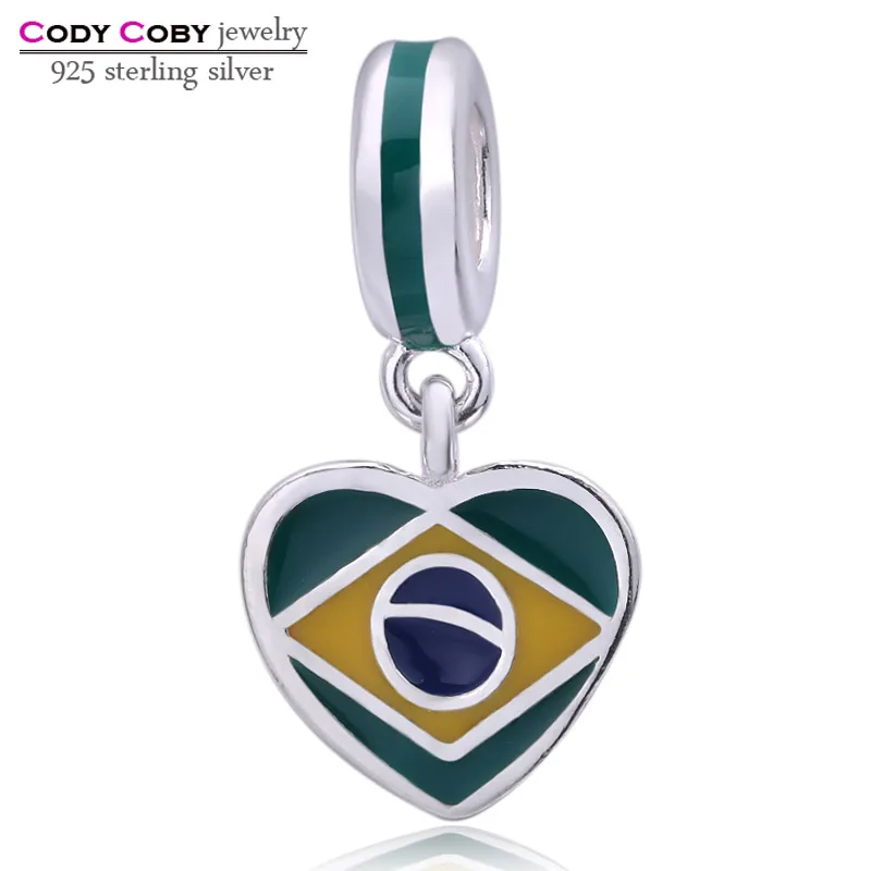 

925 Sterling Silver I Love Brazil Pendant Charm Heart Flag Beads Fit Original Pandora Bracelet For Women Men berloque Jewelry
