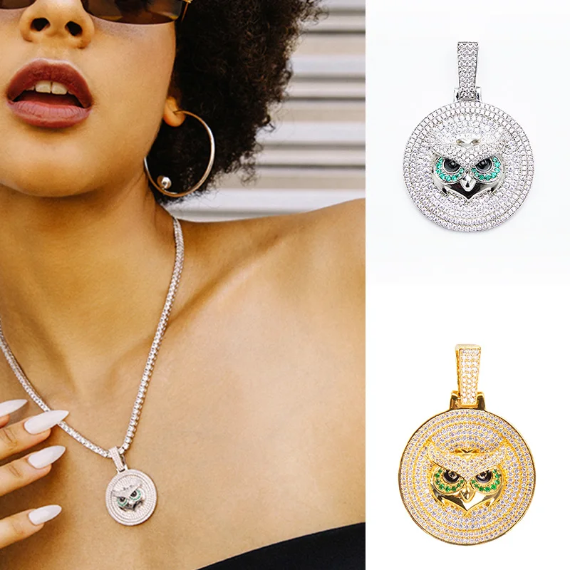 

Gold Color Owl Disc Cubic Zirconia Pendant Cuban Chain 2019 Hip-hop Street Necklace Brand Exclusive Design For Men And Women