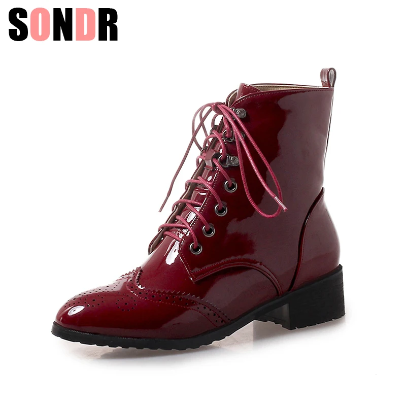 

Plus size 43 New Fashion Ankle Boots For Women High Heels Motorcycle Boots Fashion Patent Leather Lace-up Red Black Ladies Shoes