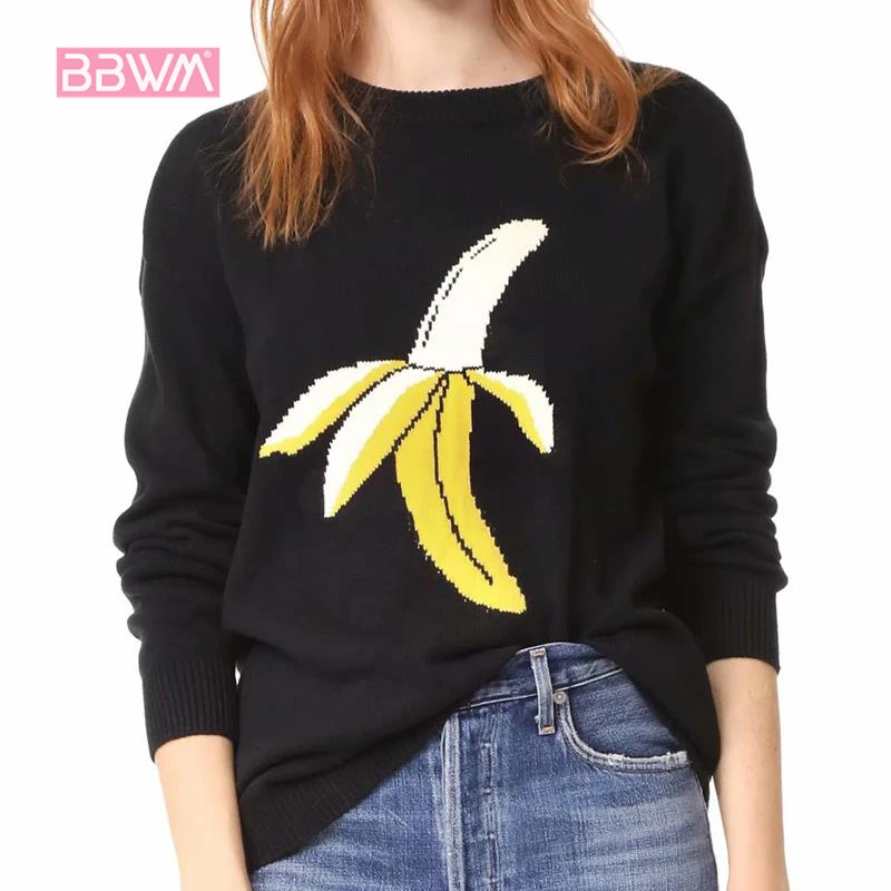 

Elegant Women's 2018 Autumn Retro Exquisite Banana Embroidery Wild Foundation Round Neck Pullover Long Sleeve Women's Sweater