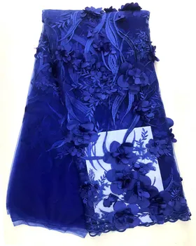 

Newest Design Royal blue embroidered African Net Lace Fabric with beads for Party Dress France 3d flowers Lace Fabric GHF005