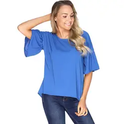 Летние Для женщин блузка 2018 шифоновая рубашка Твердые Половина рукава с круглым вырезом с рукавом-бабочкой Топ Блузка Плюс Размеры P3