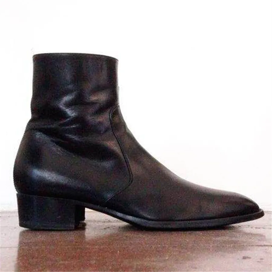 

Black Ankle Boots Men Genuine Leather Boots EU 38-45 Pointed Toe 4cm Heel Handmade Botas Chelsea Short Boots with Zipper