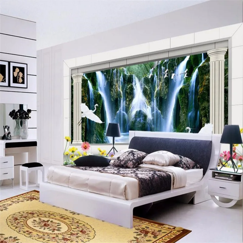 Custom-photo-wall-paper-3D-waterfall-landscape-small-lake-water-crane-background-large-mural-3d-wall