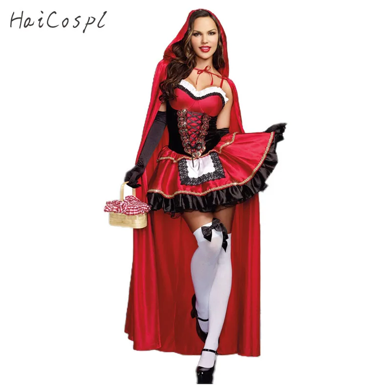 여자를위한 작은 빨간 승마 후드 의상 멋진 성인 할로윈 코스프레 환상곡 카니발 동화 플러스 사이즈 여자 드레스 + 망토