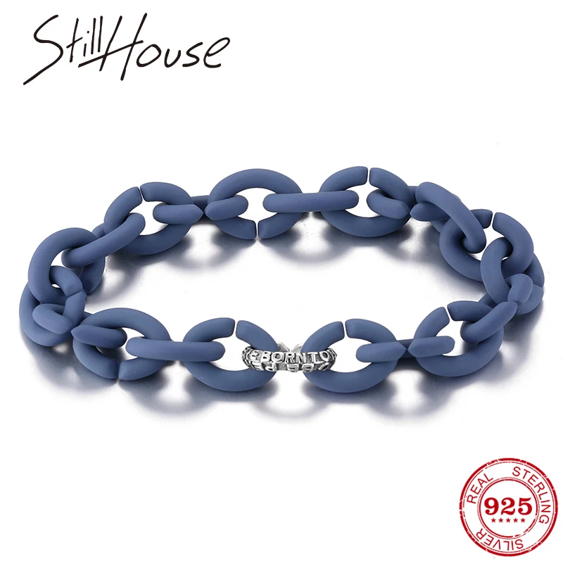 

Ocean Blue Hard Rubber Men Bracelet with 925 Sterling Silver Round Charm beads for women Accessories handmade Hip hop style