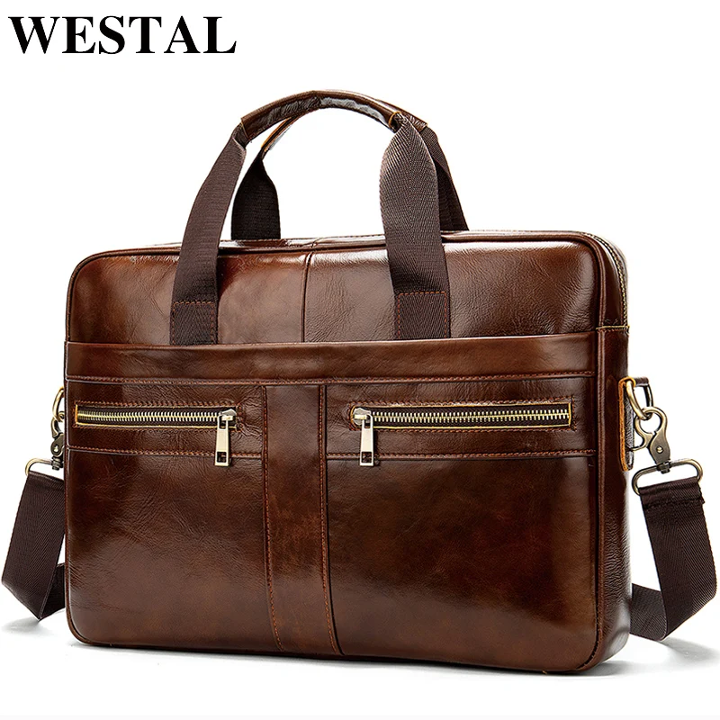 WESTAL Zsák men's Vérbeli bőrből Aktatáska Apaállat Férfi Notebook Zsák Természetes bőrből számára férfiak Hírnök Hosszúnadrág men's briefcases 2019