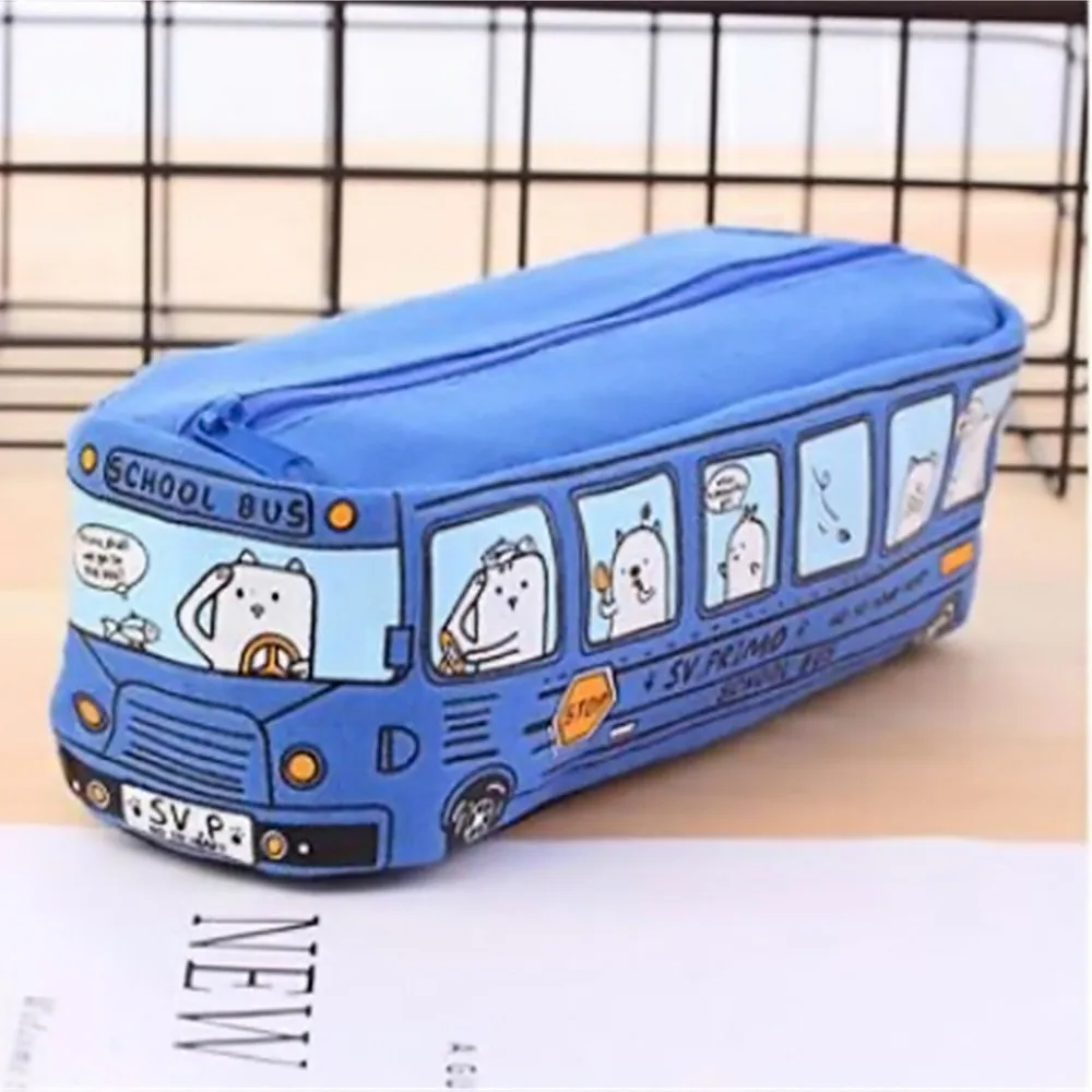 Креативная цветная модная сумка для хранения ручек в форме автобуса, школьный чехол-карандаш с кошками, сумка для канцелярских принадлежностей - Цвет: Синий