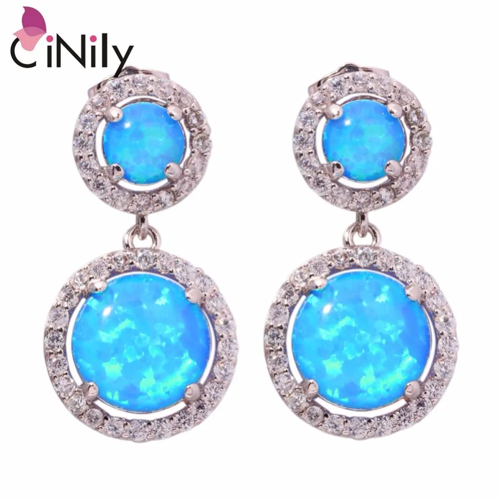 CiNily Ocean Blue Fire Opal Round Stone Luxury Large Stud Earrings