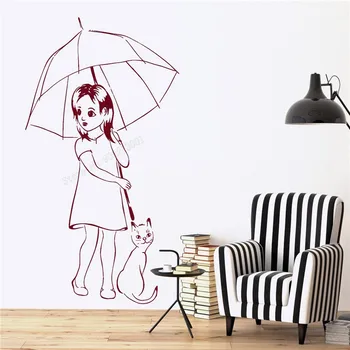 

Wall Art Sticker Girls With Umbrella And Cat Room Decoration Vinyl Removeable Poster Modern Fashion Mural Kids Room Decal LY495