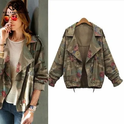 Wonder Style women chic turn-down collar batwing sleeve camouflage sheath slim full jacket pockets zipper female jacket S-XXL