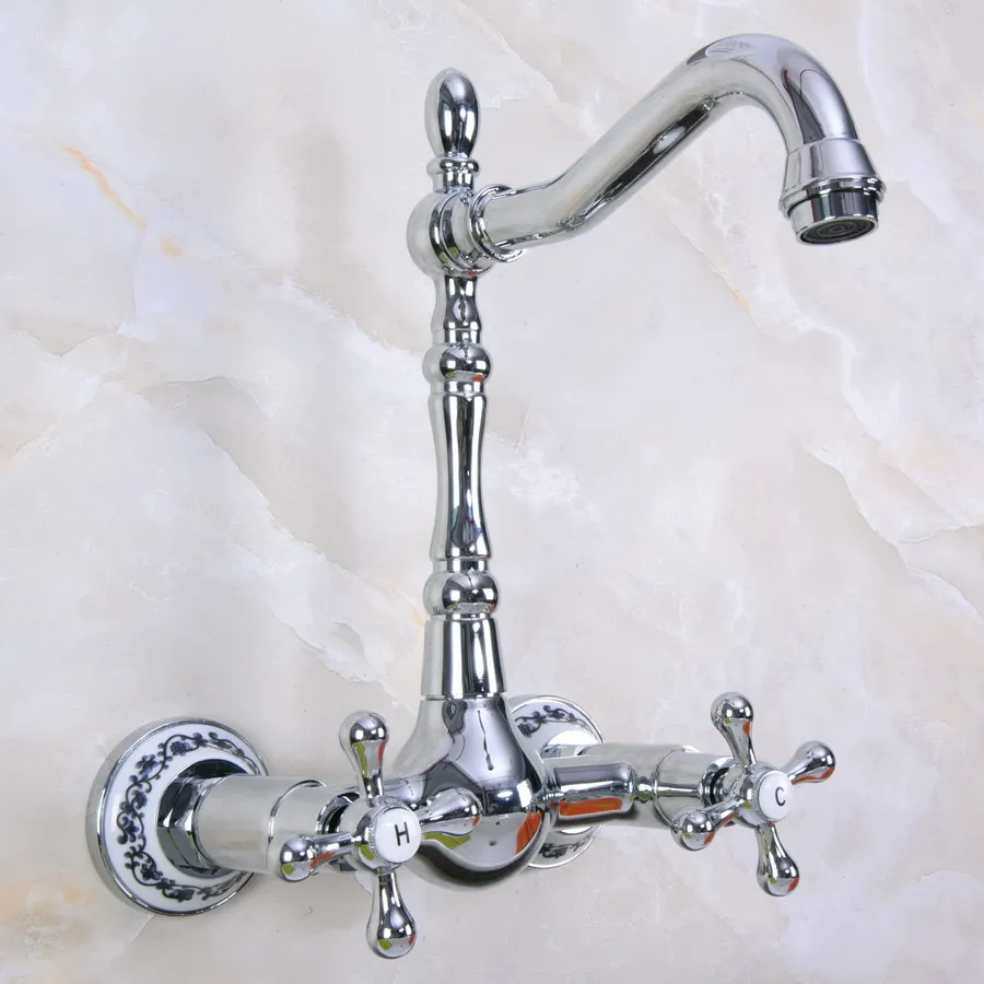 Polished Chrome Brass Wall Mounted Double Cross Handles Bathroom Kitchen Sink Faucet Mixer Tap Swivel Spout anf966