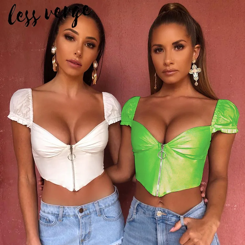 

Lessverge Short sleeve slim white sexy crop top Women ruffle fluorescence green tank top Party neon zipper casual summer top