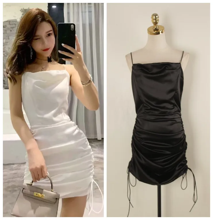

New 2019 style summer dress with dew back and suspender strap Satin face wrinkle and slim figure