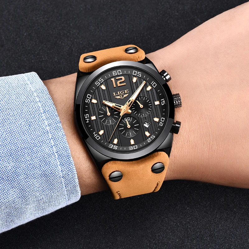 LIGE Mens Watches Top Brand Luxury Military Sport Watch Men Leather Waterproof Quartz Wrist Watch Male clock Relogio Masculino