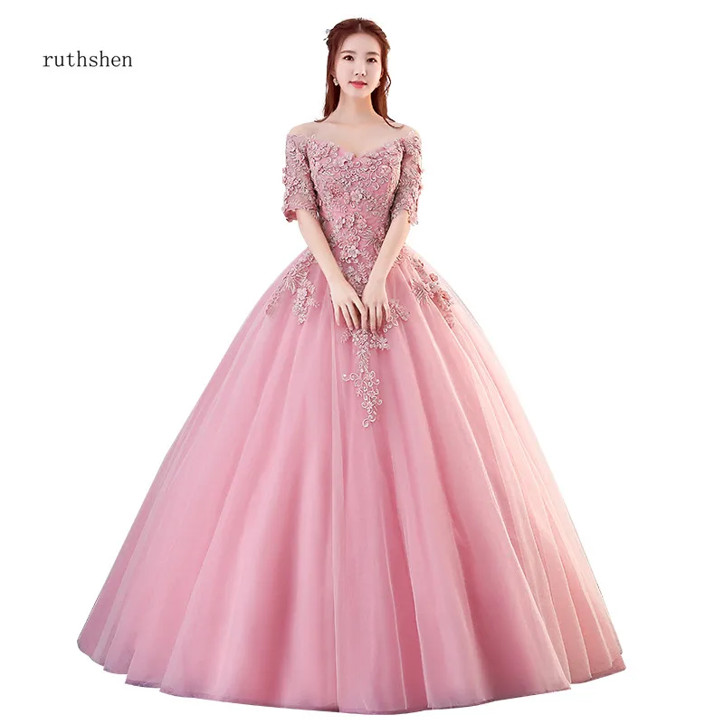 

ruthshen Pink Vestidos Quinceanera 15 Anos Ball Gowns Half Sleeves Appliques Prom dress V-neck Party Quinceanera Dresses