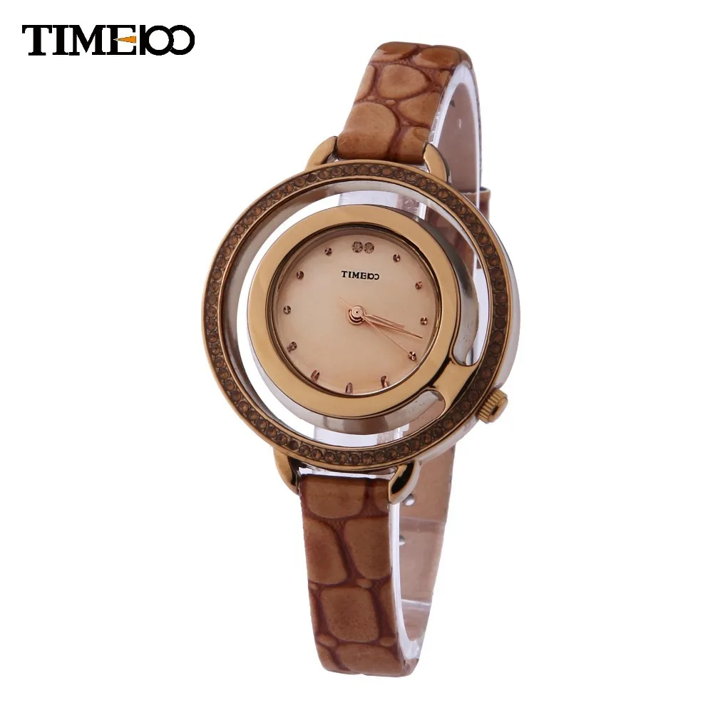 Модный бренд TIME100 женские Кварцевые Часы Круглый хрустальное стекло Кожаный