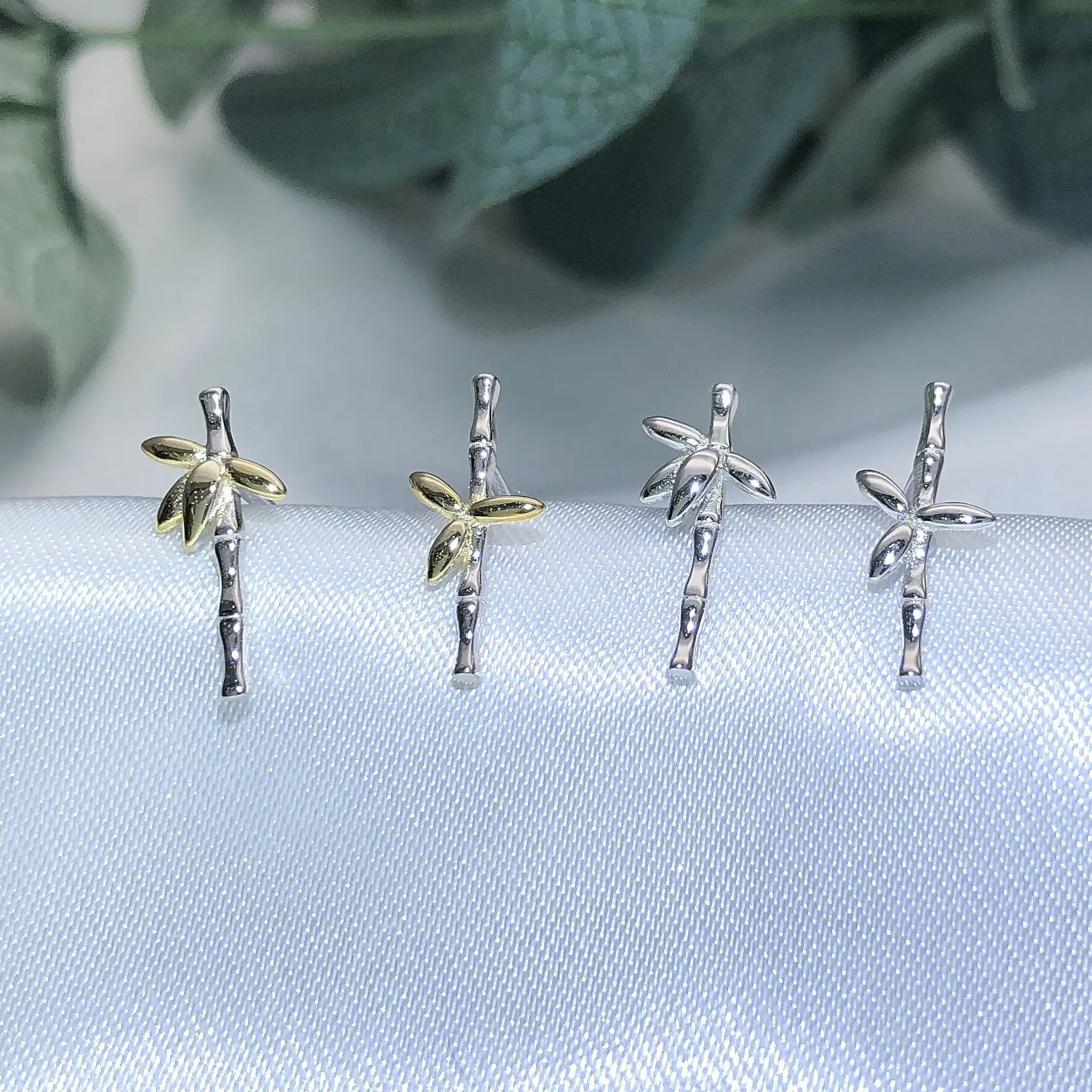 bamboo earrings 100% 925 Sterling silver Jewelry fashion Hypoallergenic Stud earrings plant earring