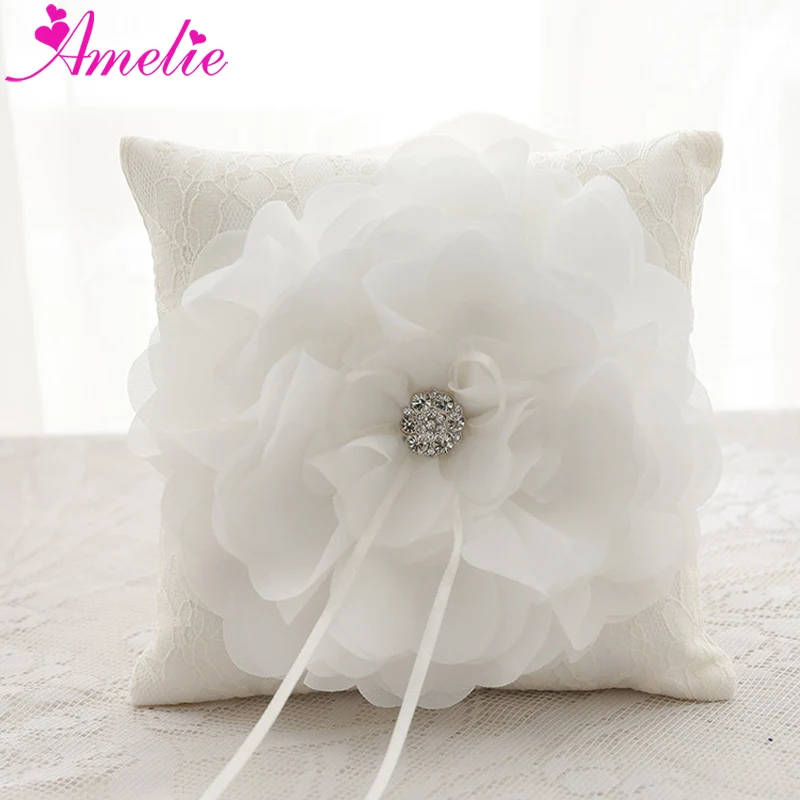 

Free Shipping Big Flower Decoration Wedding Cotton Ring Pillow With Rhinestone Bridal Unique Ring Bearer Pillow Ideas