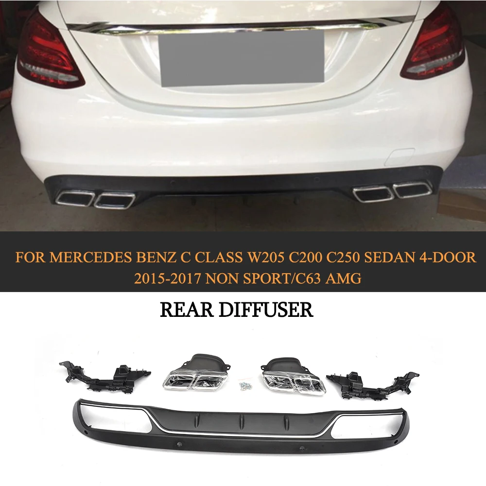 

PP Auto Rear Diffuser With Exhaust Muffler For Mercedes Benz C Class W205 C200 C250 Sedan 4-Door 2015-2017 Non Sport/Non C63 AMG