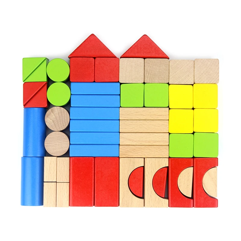 50pcs Multicolored Geometric Baby Wooden Blocks Toys Beech Wood