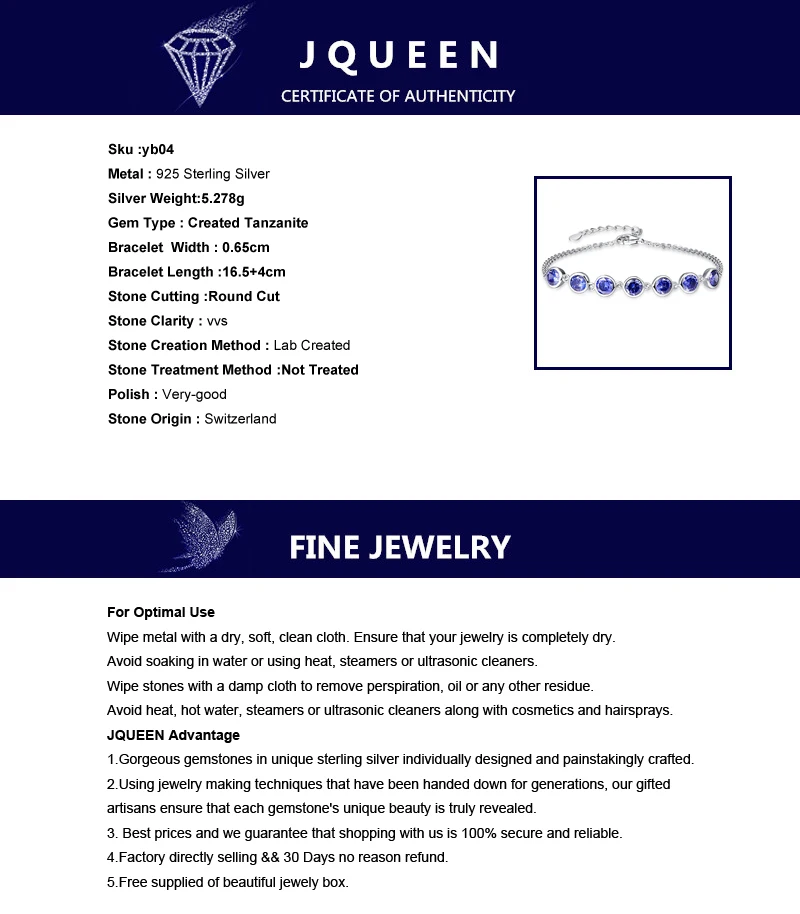 JQUEEN, женский браслет,, 925 пробы, серебряный браслет, голубой танзанит, блестящий цвет, тонкий браслет для женщин, вечерние, 7,99 дюймов
