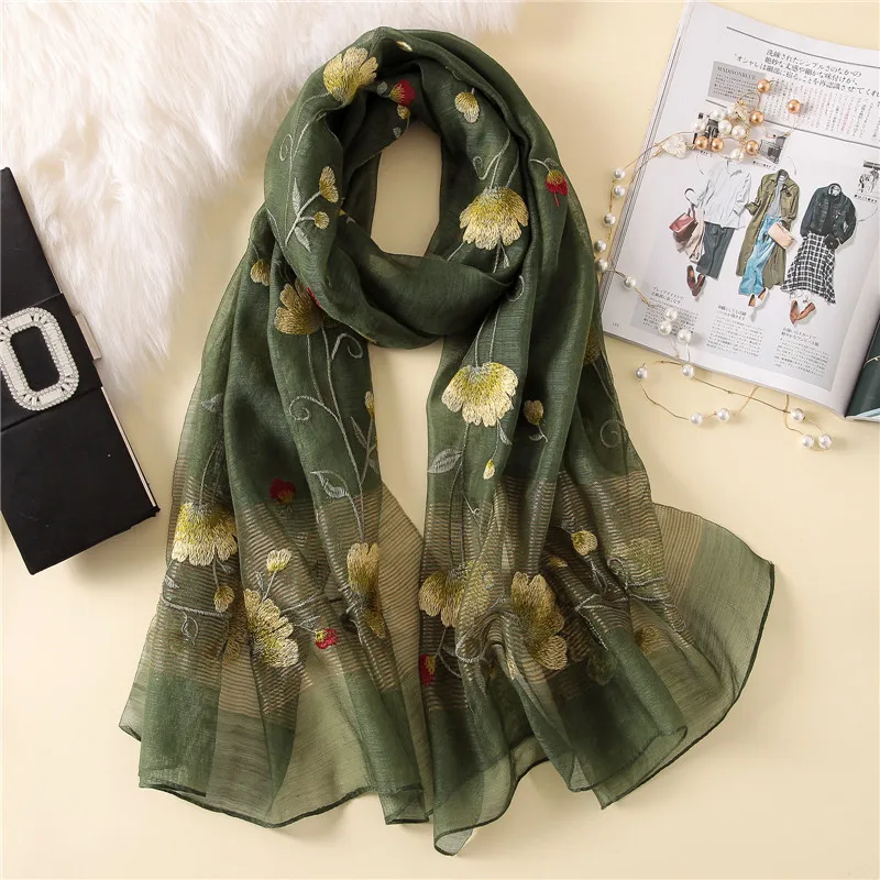 

New silk wool scarf women fashion floral embroidery shawl wrap high quality pashmina winter neck scarf bandana face mask hijab