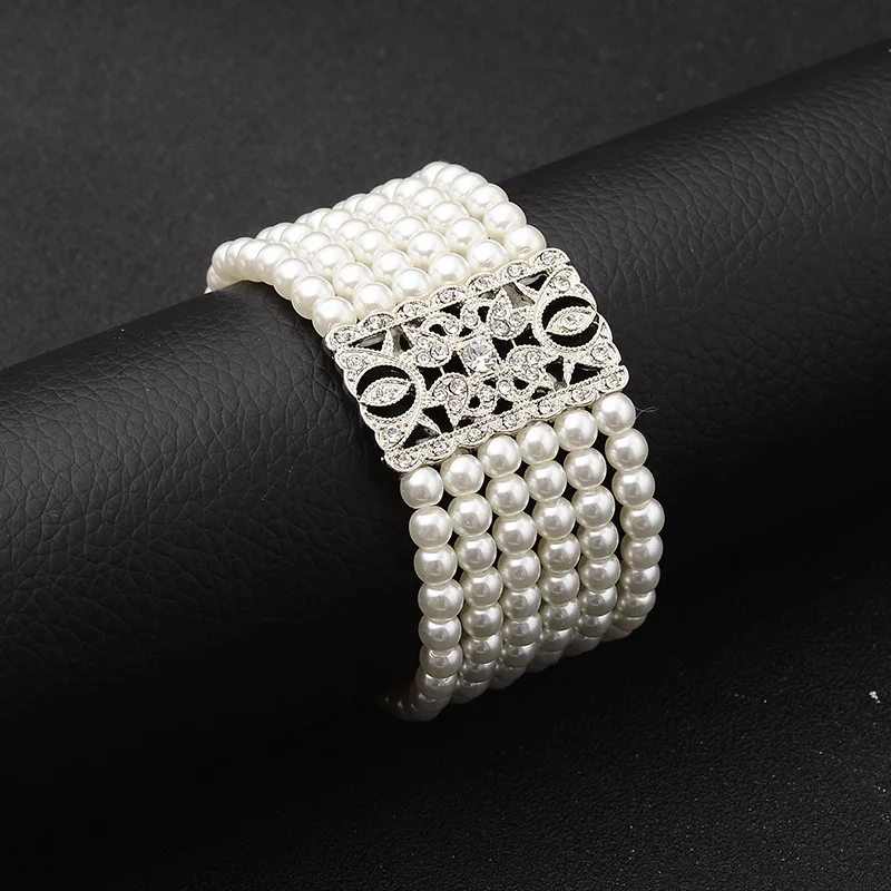 

SLBRIDAL Vintage Silver Clear Crystal Wedding Bracelet Rhinestones Pearls Bridal Stretch Bracelet Bridesmaids Bracelet Women