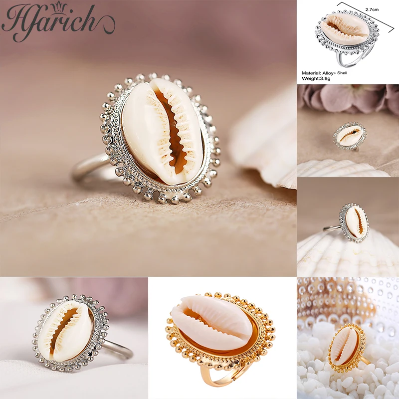 Hfarich красота Регулируемые кольца натуральная ракушка золото Cowrie женские