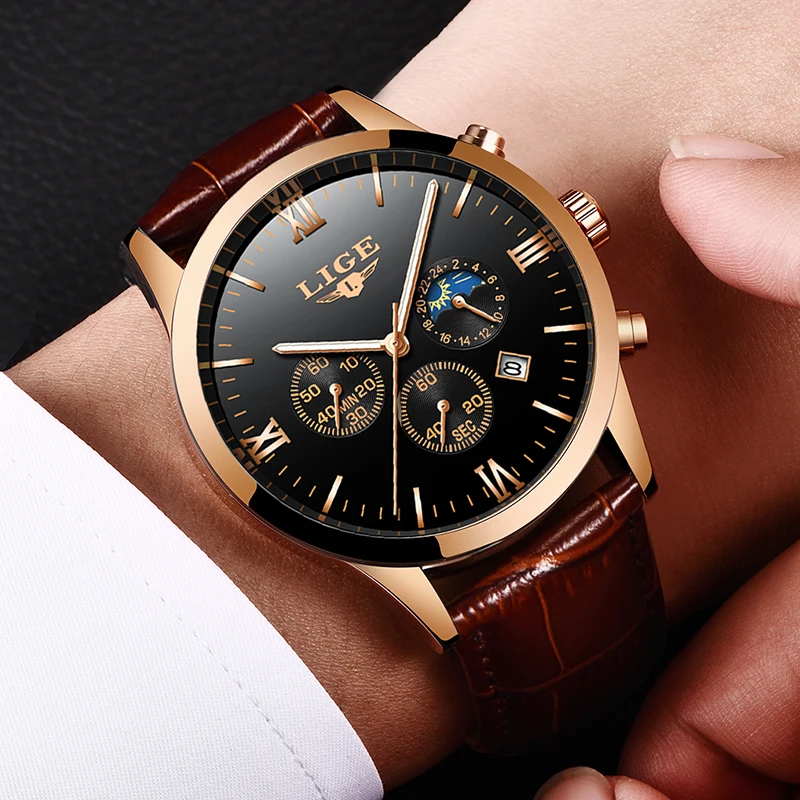 LIGE Mens Watches Top Brand Luxury Fashion Watch Men Leather Quartz Clock For Male Auto Date Rose Gold Shell relogio masculino