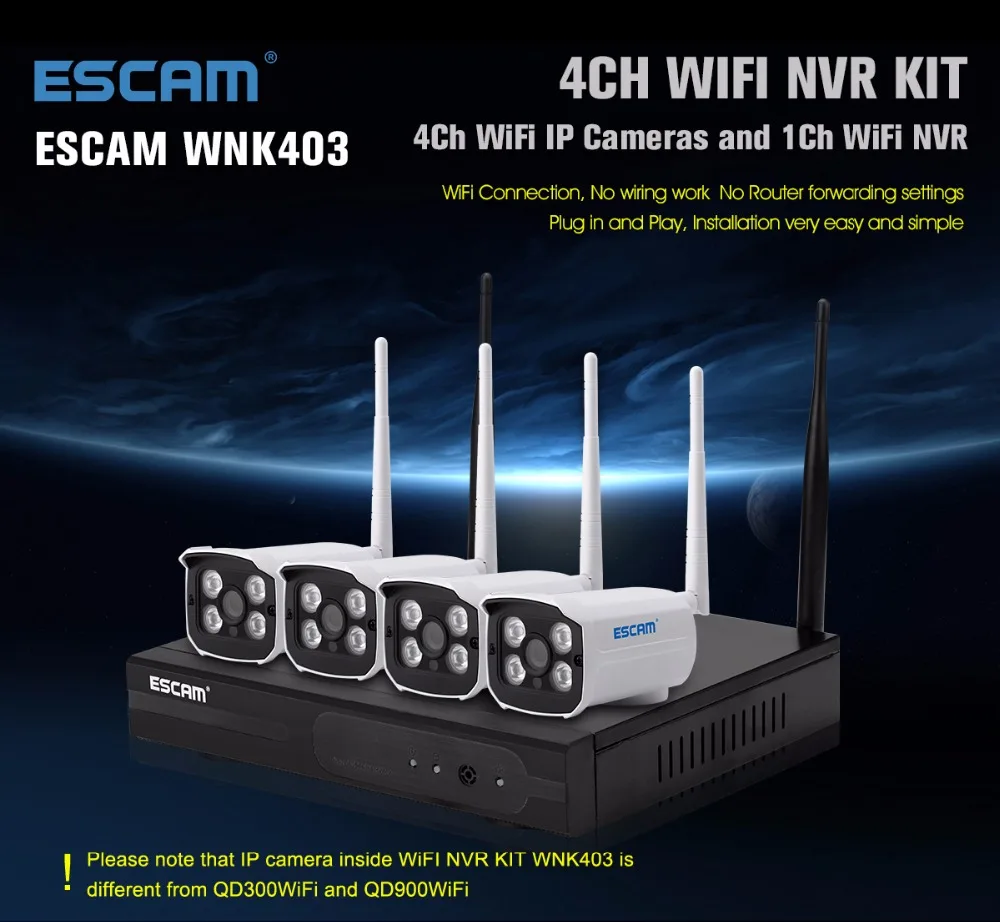 ESCAM WNK403 4CH Wireless NVR Kit 4PCS 720P IR Cut Night Vision WIFI IP Camera Outdoor Security Monitor CCTV Surveillance System ESCAM WNK403 4CH Wireless NVR Kit 4PCS 720P IR Cut Night Vision WIFI IP Camera Outdoor Security Monitor CCTV Surveillance System