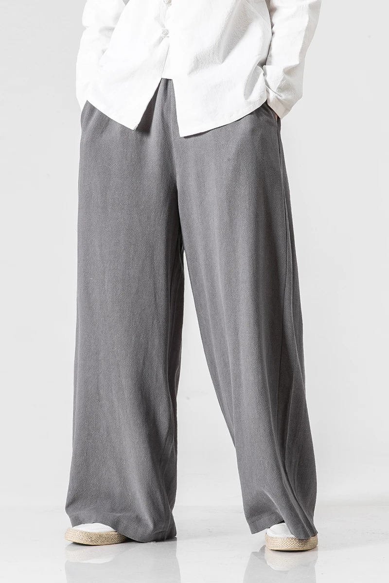 New Cotton Linen Extra Wide Leg Pants Men Chinese Style Male Fashion Loose Comfortable Trousers Solid Drawstring Harem Pants