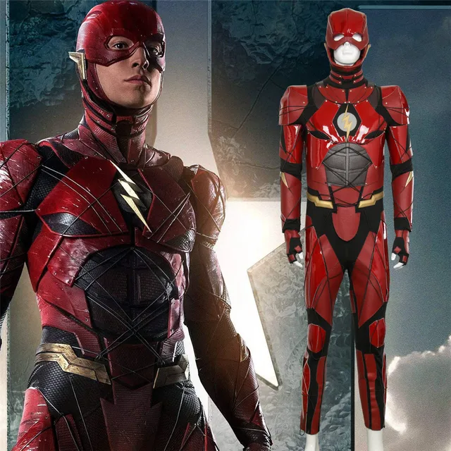 New Justice League Flash Cosplay Costume Red Leather Suit Jumpsuit