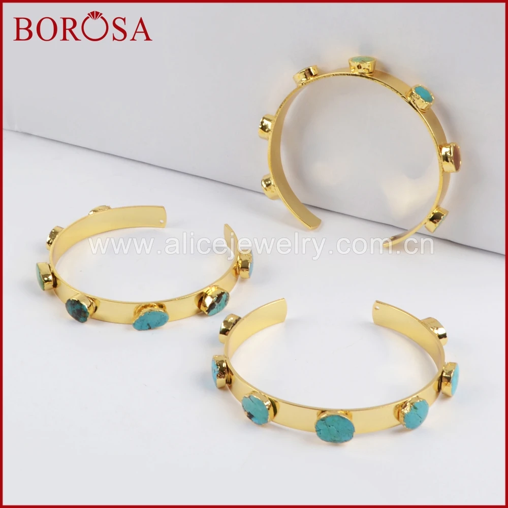 

BOROSA Fashion Gold Color Seven 100% Natural Blue Stone Bangle for Women, New Druzy Blue Stone Gems Drusy Women Bangle G1341