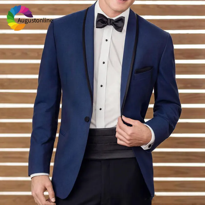 Classic Navy Blue Wedding Suits for Men Blazer Jacket Black Shawl Lapel Slim Fit Groom Tuxedos Elegent Groomsmen Costume 2Pieces slim fit men suits business prom suits wedding tuxedos shawl lapel groom wear 2pieces jacket pants costumen homme blazer