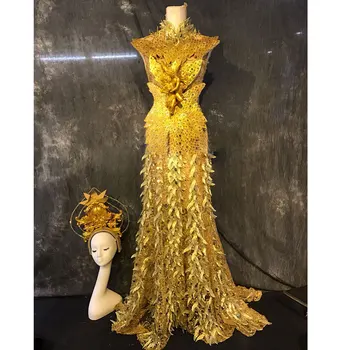 

Sparkly Golden creative dress crystals Sequins Long Dress Women's Celebrate Outfit Nightclub Female Singer Sexy Stage Dress