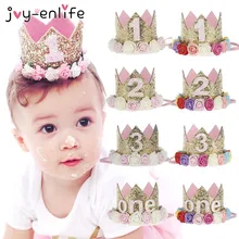 JOY-ENLIFE korona kwiatowa noworodka opaska złota korona urodzinowa 1 2 3 rok numer Priness Style czapka urodzinowa akcesoria do włosów dla dzieci