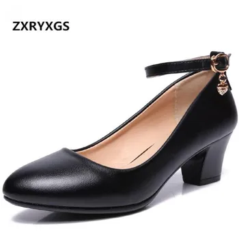 

2019 New Spring Square Heel Shallow Mouth Work Cheongsam Catwalk Non-sslip Dance Shoes Women's Shoes Real Genuine Leather Shoes