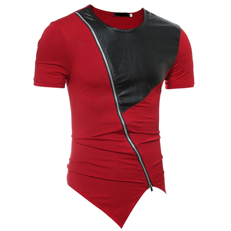 

New Men's Fashion Show Stylish Slim T-shirts Asymmetrical stick a skin Oblique Collar Inclined zipper Short Sleeve T-Shirt Tees