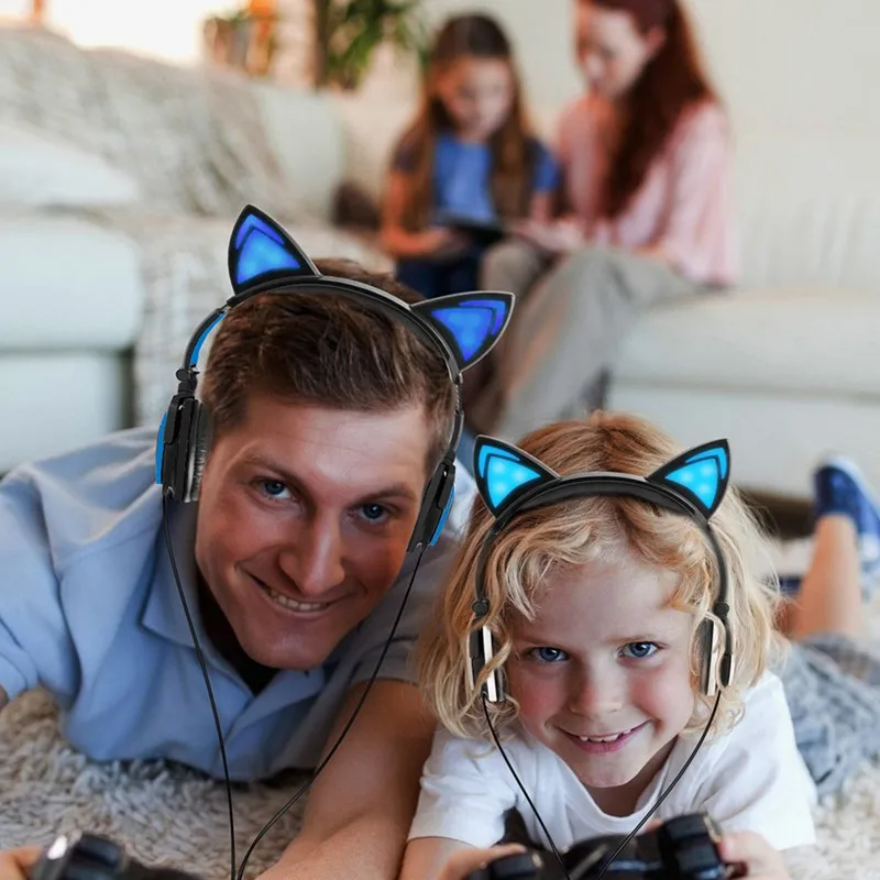 Foldable Flashing Cat Ear headphones ihens5 Glowing LED Light Gaming Headset Earphone for PC computer Phones Gift for girls kids