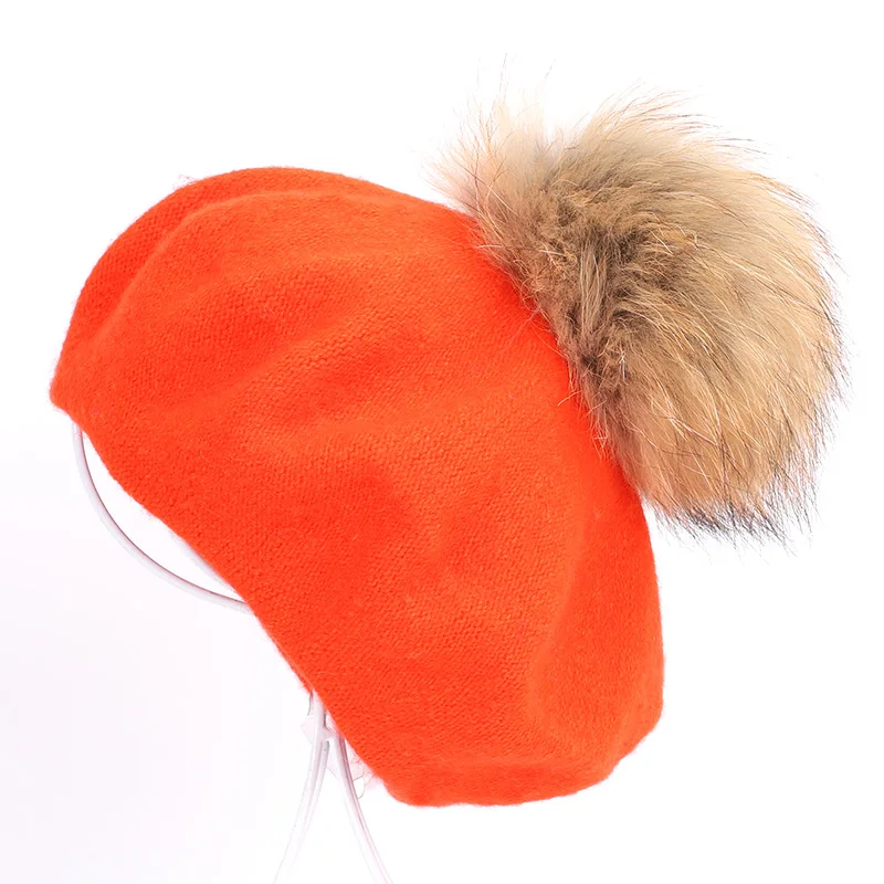 Orange Берет художника, уличные шапки художника, осень и зима, новые теплые вязаные однотонные кепки, модный мех енота, помпон, берет в стиле винтаж - Цвет: Orange