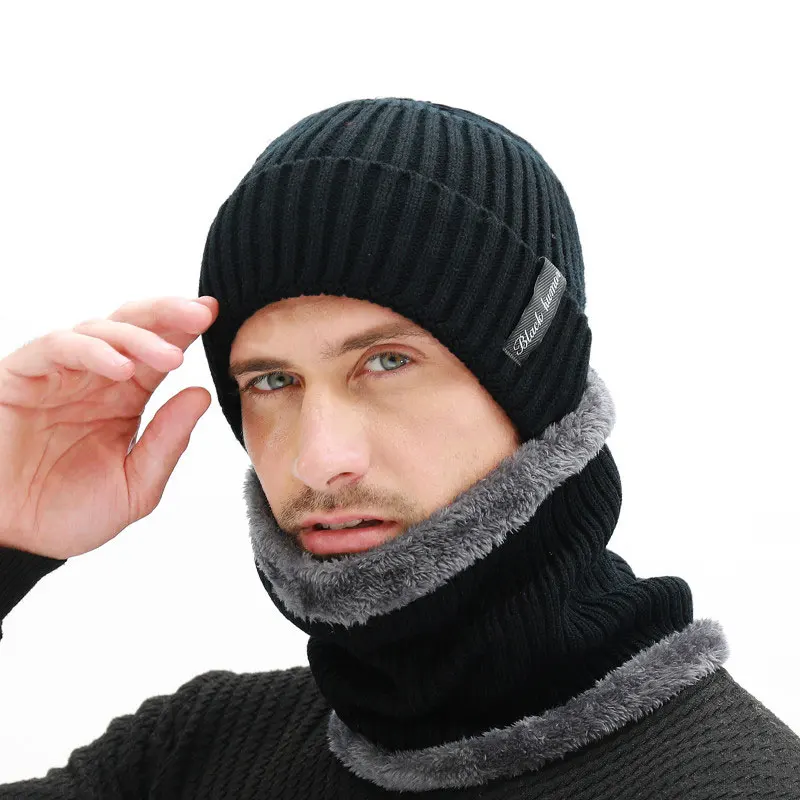 Черный Для женщин шапочки Шапки шарф Зимний комплект Шапки для Для мужчин Для женщин теплая шерсть ребристые вязаная Кепки и шарфы костюм мужской черный Облегающая шапка - Цвет: Черный