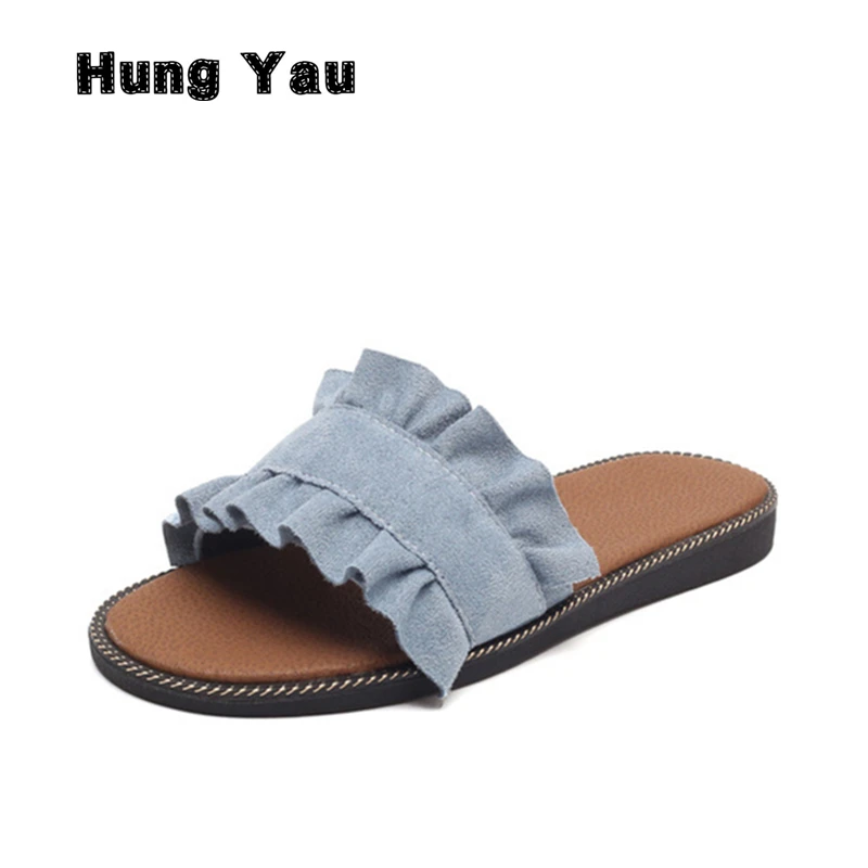 Hung yau/женские шлепанцы; пляжные сандалии; женские удобные шлепанцы на танкетке; сезон лето; Стильная джинсовая обувь; коллекция года; Милая повседневная обувь на плоской подошве - Цвет: Синий