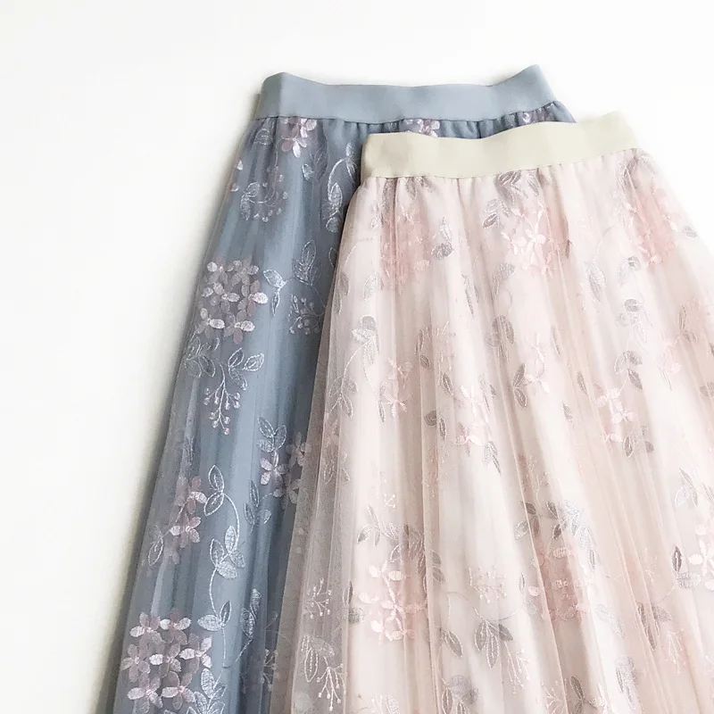Женская сетчатая юбка с высокой талией и цветочной вышивкой, весна-осень, Женская длинная кружевная юбка-пачка, плиссированные юбки, Saia A1272