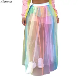 2019 Женская юбка с принтом радуги летняя Уличная Повседневная прозрачная сетчатая пляжная одежда прозрачная юбка с высокой талией длинные