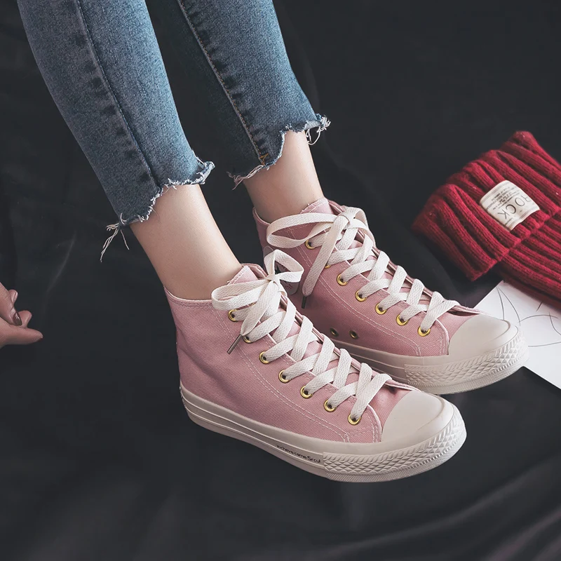 Женская парусиновая обувь; Новинка весны года; женские кроссовки ярких цветов с высоким берцем на шнуровке; универсальная однотонная обувь розового цвета; Размеры 35-40