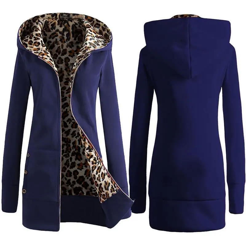 

dropshipping Women Winter Overcoat Leopard Zipper Hooded Long Sleeves Fleece Lined Slim Fit AIC88
