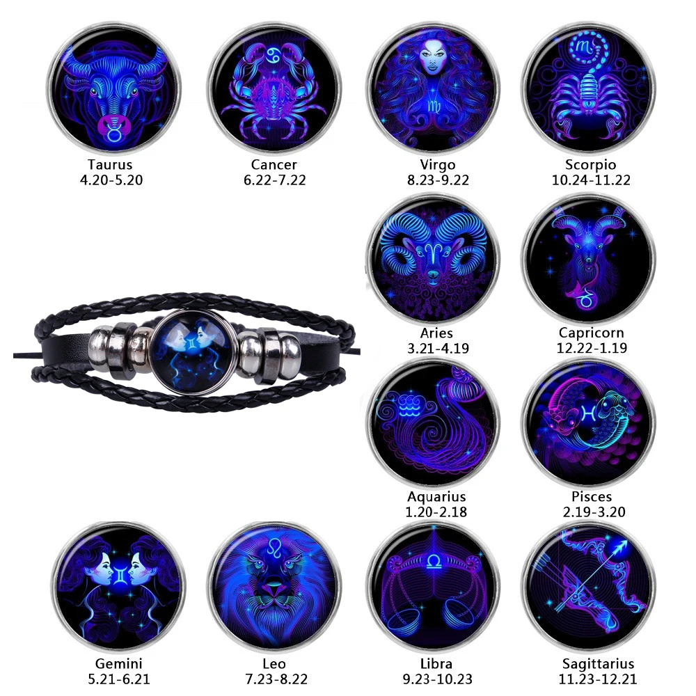 

New Jewelry Punk Men Bracelet for Women Charm Bracelet 12 Constellation Zodiac Sign Black Braided Leather Bracelet Virgo Libra