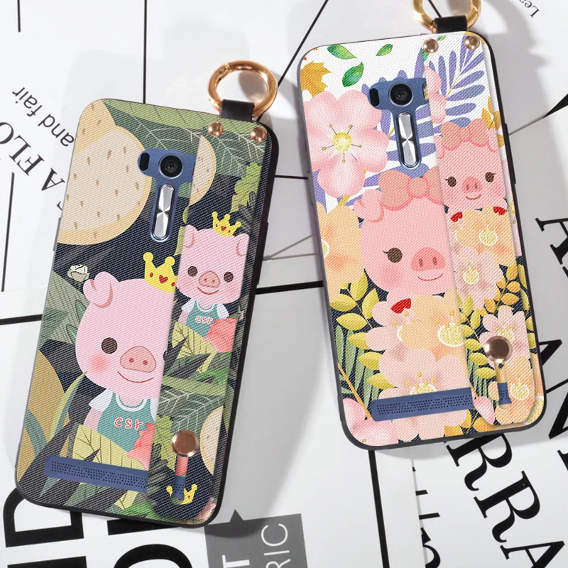 

Cute Wrist Strap Phone Cases For Asus zenfone Selfie ZD551KL cartoon pig Scrub case For Asus ZD551KL Z00UD animal silicone Cover