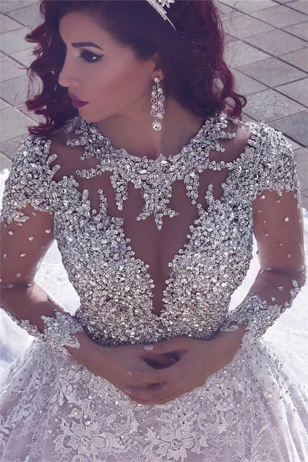 Luxury Muslim Lace Beading Sheer Cathedral-Train Crystal Vintage Wedding Dress 488
